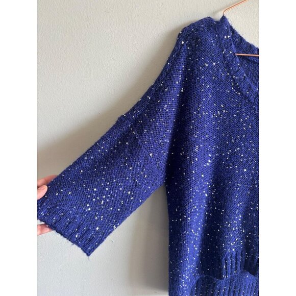 Allen B by Allen Schwartz Womens Blue Sequin Knit Sweater Top 3/4 Sleeve Size L - Picture 9 of 14
